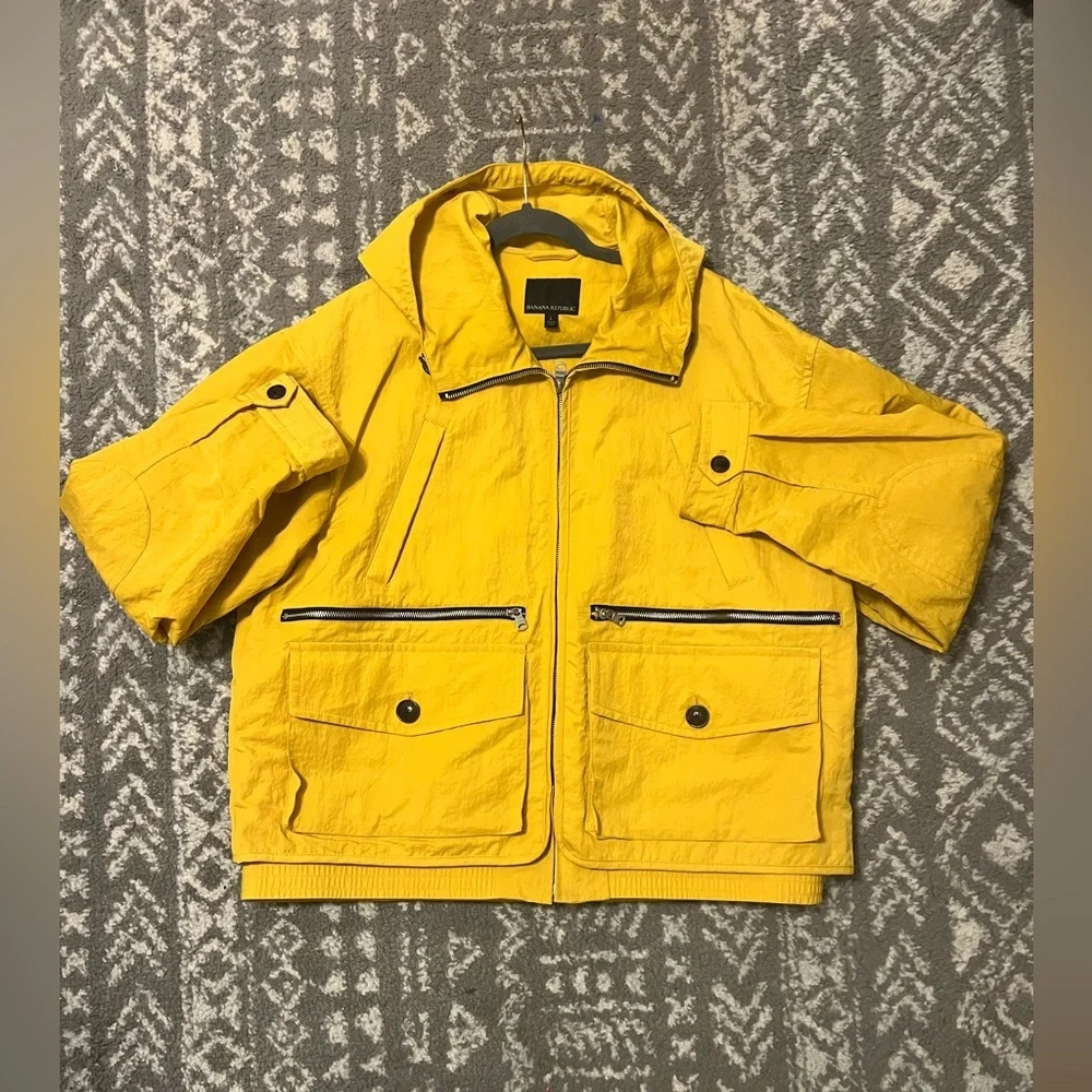 Banana Republic Hooded Fishing Wading Jacket Mens Large Yellow Utility Pockets